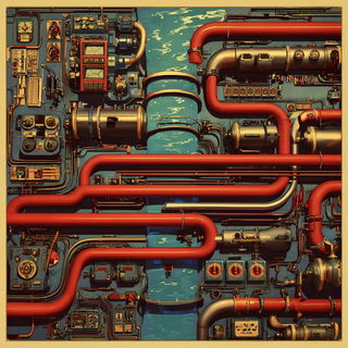 Metallurban style, Midjourney V7: technical infrastructure blueprint schematics