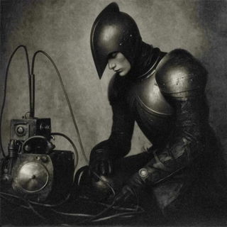 Vat Shadowism style, Midjourney V7: concept art character design of retropunk steam knight