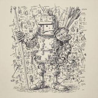 Aureoclast style, Midjourney V7: concept art character design of retropunk steam knight