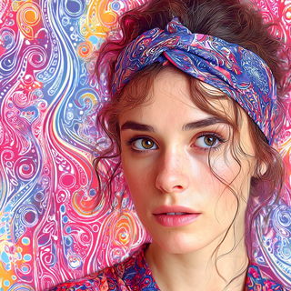 Neon Paisley Riso style, Midjourney V7: photographic portrait of female protagonist