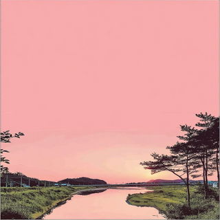 Pinkrender style, Midjourney V7: realistic landscape photograph of quiet dawn