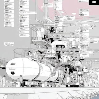Pinkrender style, Midjourney V7: technical infrastructure blueprint schematics