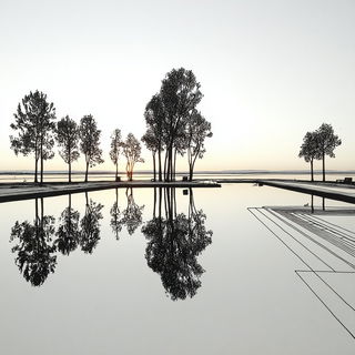 Limestone Mirror Gardens style, Midjourney V7: realistic landscape photograph of quiet dawn