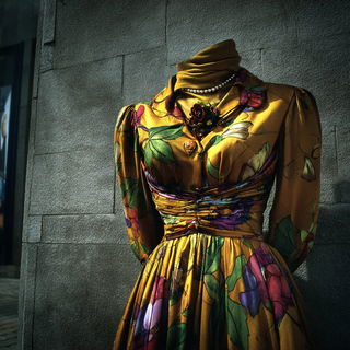 Blueflame Stoneprint style, Midjourney V7: haute-couture fashion outfit
