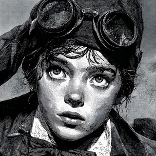 Engravescape style, Midjourney V7: photographic portrait of female protagonist