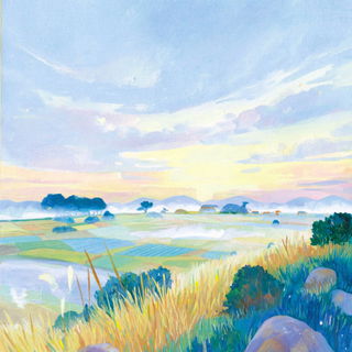 Verandacism style, Midjourney V7: realistic landscape photograph of quiet dawn