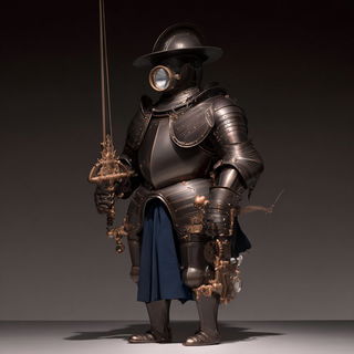Chiaroscuro Masquerade style, Midjourney V7: concept art character design of retropunk steam knight