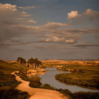 Chiaroscuro Masquerade style, Midjourney V7: realistic landscape photograph of quiet dawn