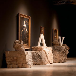 Chiaroscuro Masquerade style, Midjourney V7: typographic composition with large letters