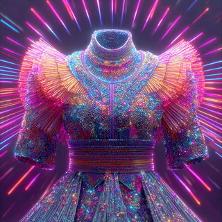 Neon Biocollage style, Midjourney V7: haute-couture fashion outfit