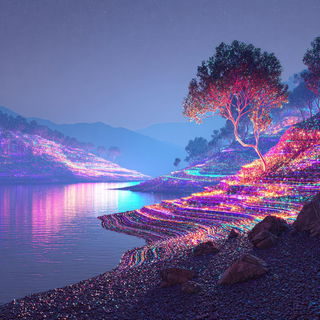 Neon Biocollage style, Midjourney V7: realistic landscape photograph of quiet dawn