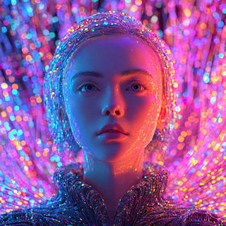 Neon Biocollage style, Midjourney V7: photographic portrait of female protagonist