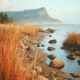 Lensing Cloudbound style, Midjourney V7: realistic landscape photograph of quiet dawn