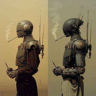 Gloamfront style, Midjourney V7: concept art character design of retropunk steam knight