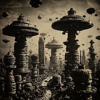 Sepia Lithic Chiaroscuro style, Midjourney V7: megacity with futuristic bioarchitecture