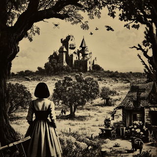 Sepia Lithic Chiaroscuro style, Midjourney V7: retro fairy-tale illustration