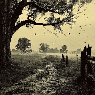 Sepia Lithic Chiaroscuro style, Midjourney V7: realistic landscape photograph of quiet dawn