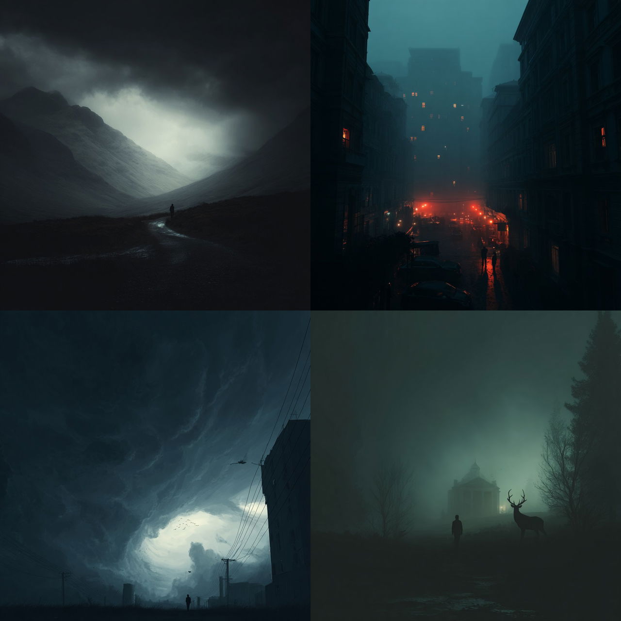 Dark atmosphere style, Midjourney V7, render 1 of 4