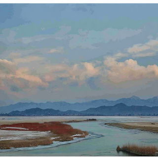 Tenonfold style, Midjourney V7: realistic landscape photograph of quiet dawn