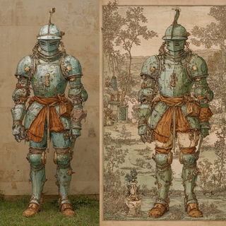 Ruincascade style, Midjourney V7: concept art character design of retropunk steam knight