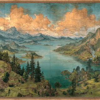 Ruincascade style, Midjourney V7: realistic landscape photograph of quiet dawn