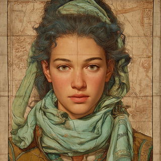 Ruincascade style, Midjourney V7: photographic portrait of female protagonist