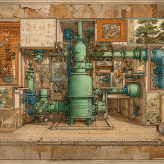 Ruincascade style, Midjourney V7: technical infrastructure blueprint schematics