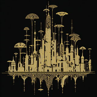 Goldleaf Phyllary style, Midjourney V7: megacity with futuristic bioarchitecture
