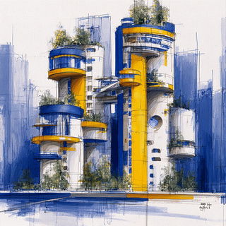 Fixer City style, Midjourney V7: megacity with futuristic bioarchitecture