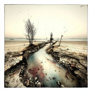 Carpal Megalithics style, Midjourney V7: realistic landscape photograph of quiet dawn