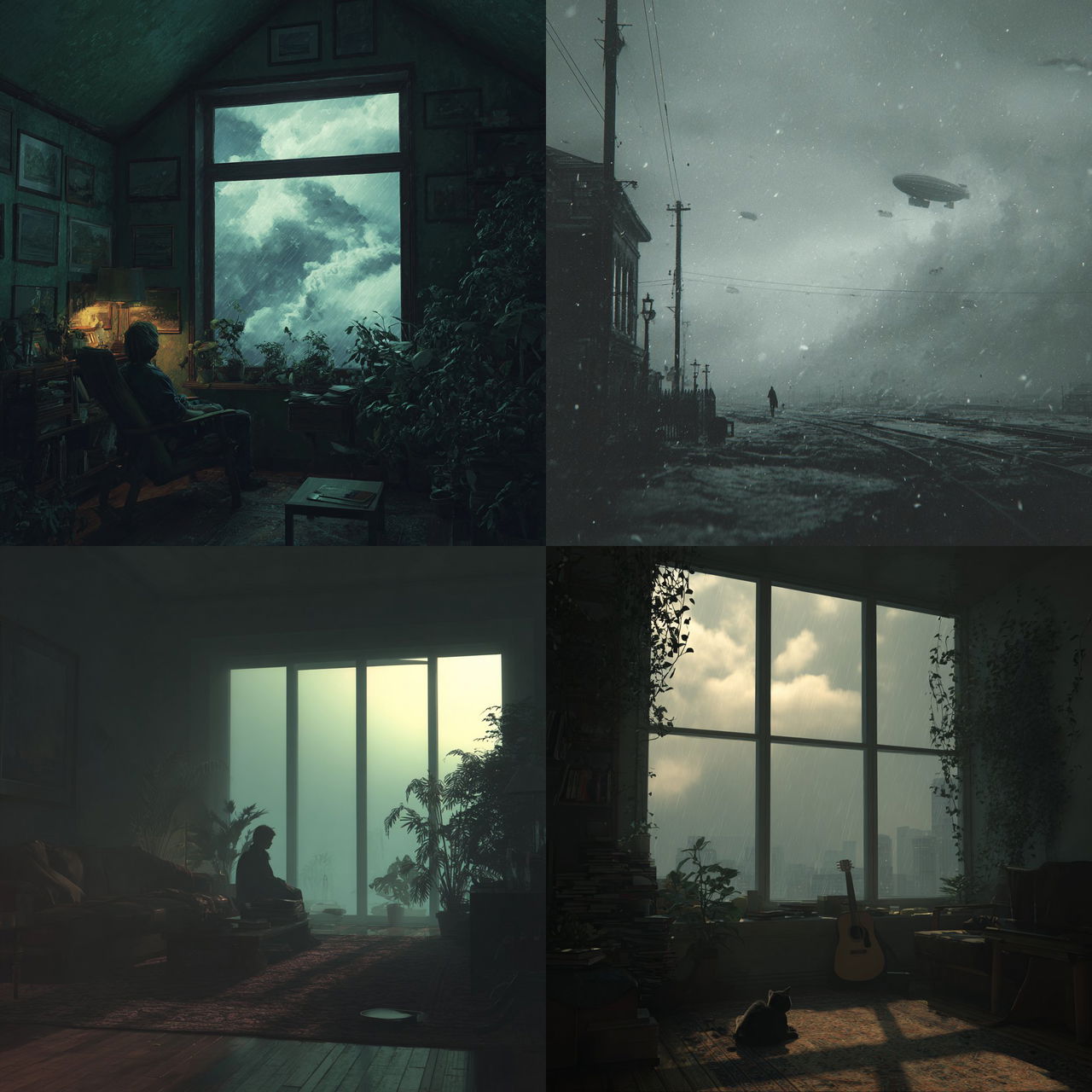 Depressed atmosphere style, Midjourney V7, render 1 of 4