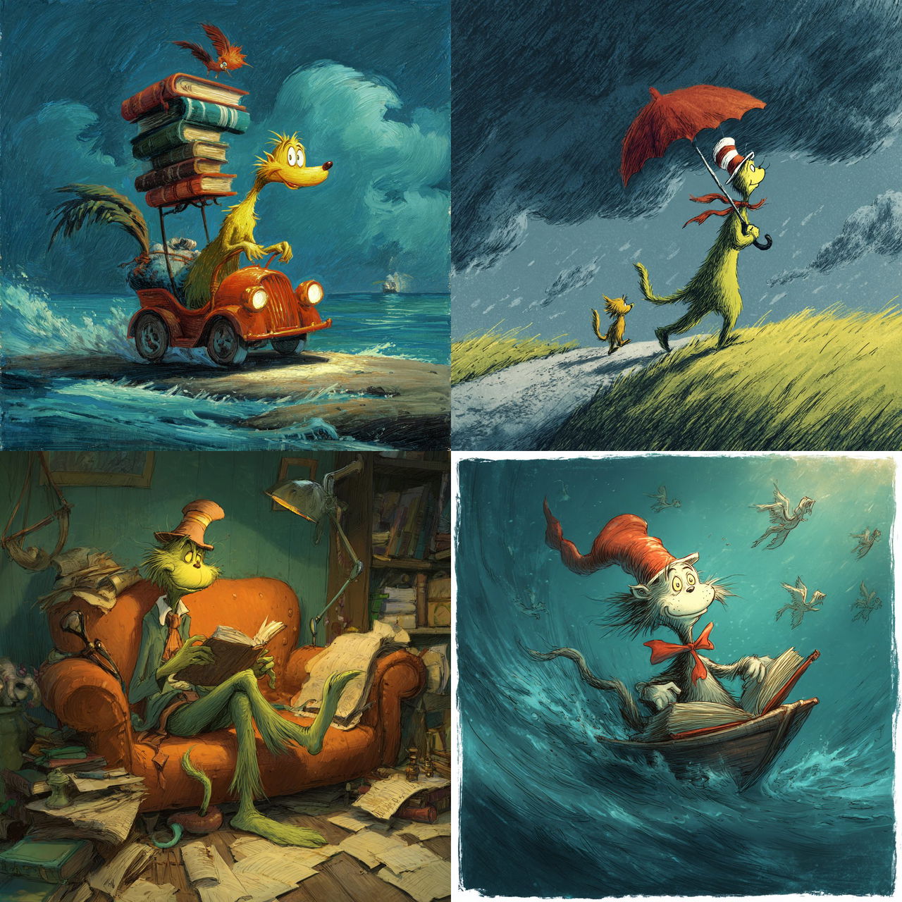 Dr. Seuss style, Midjourney V7, render 1 of 4