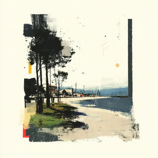 Asphalt Palimpsest style, Midjourney V7: realistic landscape photograph of quiet dawn