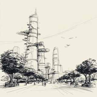 Stratigraphic Sketchbook style, Midjourney V7: megacity with futuristic bioarchitecture