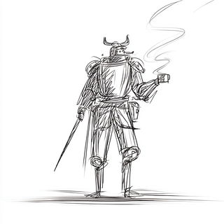 Stratigraphic Sketchbook style, Midjourney V7: concept art character design of retropunk steam knight