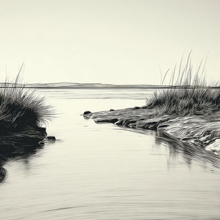 Stratigraphic Sketchbook style, Midjourney V7: realistic landscape photograph of quiet dawn