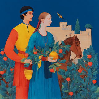 Domelotica style, Midjourney V7: retro fairy-tale illustration