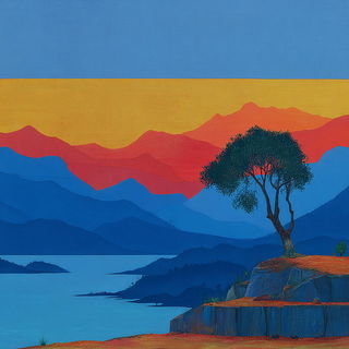 Domelotica style, Midjourney V7: realistic landscape photograph of quiet dawn