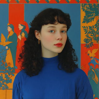 Domelotica style, Midjourney V7: photographic portrait of female protagonist