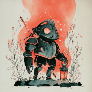 Coralwood Folklorism style, Midjourney V7: concept art character design of retropunk steam knight