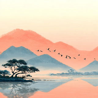 Sakuramarine style, Midjourney V7: realistic landscape photograph of quiet dawn