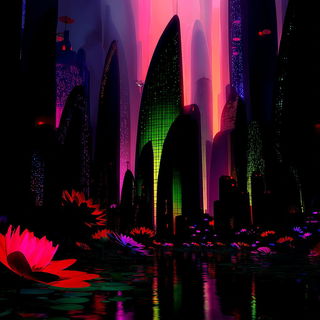 Phthalocyanine Spectralism style, Midjourney V7: megacity with futuristic bioarchitecture