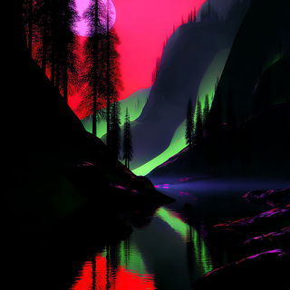 Phthalocyanine Spectralism style, Midjourney V7: realistic landscape photograph of quiet dawn