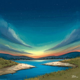 Caricrest style, Midjourney V7: realistic landscape photograph of quiet dawn