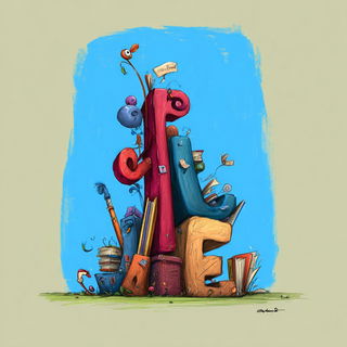 Caricrest style, Midjourney V7: typographic composition with large letters