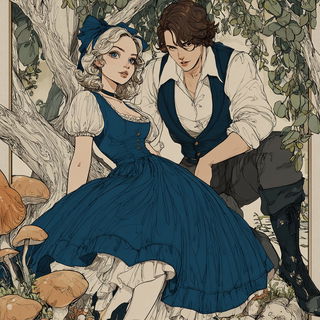 Rust Vein Courtship style, Midjourney V7: retro fairy-tale illustration