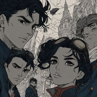 Rust Vein Courtship style, Midjourney V7: black-and-white manga comic strip