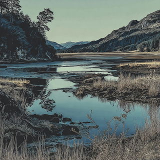 Rust Vein Courtship style, Midjourney V7: realistic landscape photograph of quiet dawn