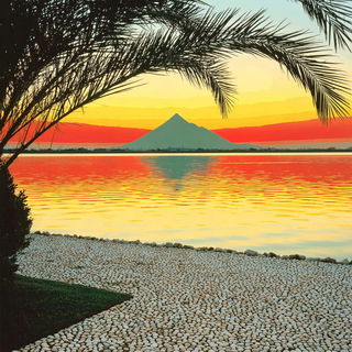 Hortivista style, Midjourney V7: realistic landscape photograph of quiet dawn