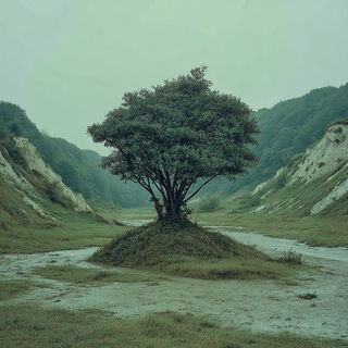 Ruinferrous style, Midjourney V7: realistic landscape photograph of quiet dawn